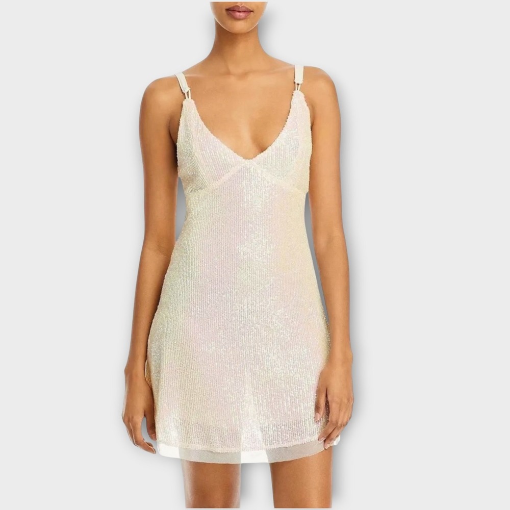 Free People Intimately Gold Rush Mini Dress Iridescent White Sequins Fairy Sz XS